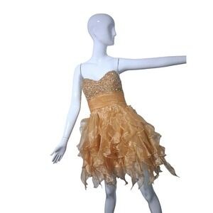 Eureka Gold Ruffle Beaded Women's size Large Prom Party Event Homecoming Dress